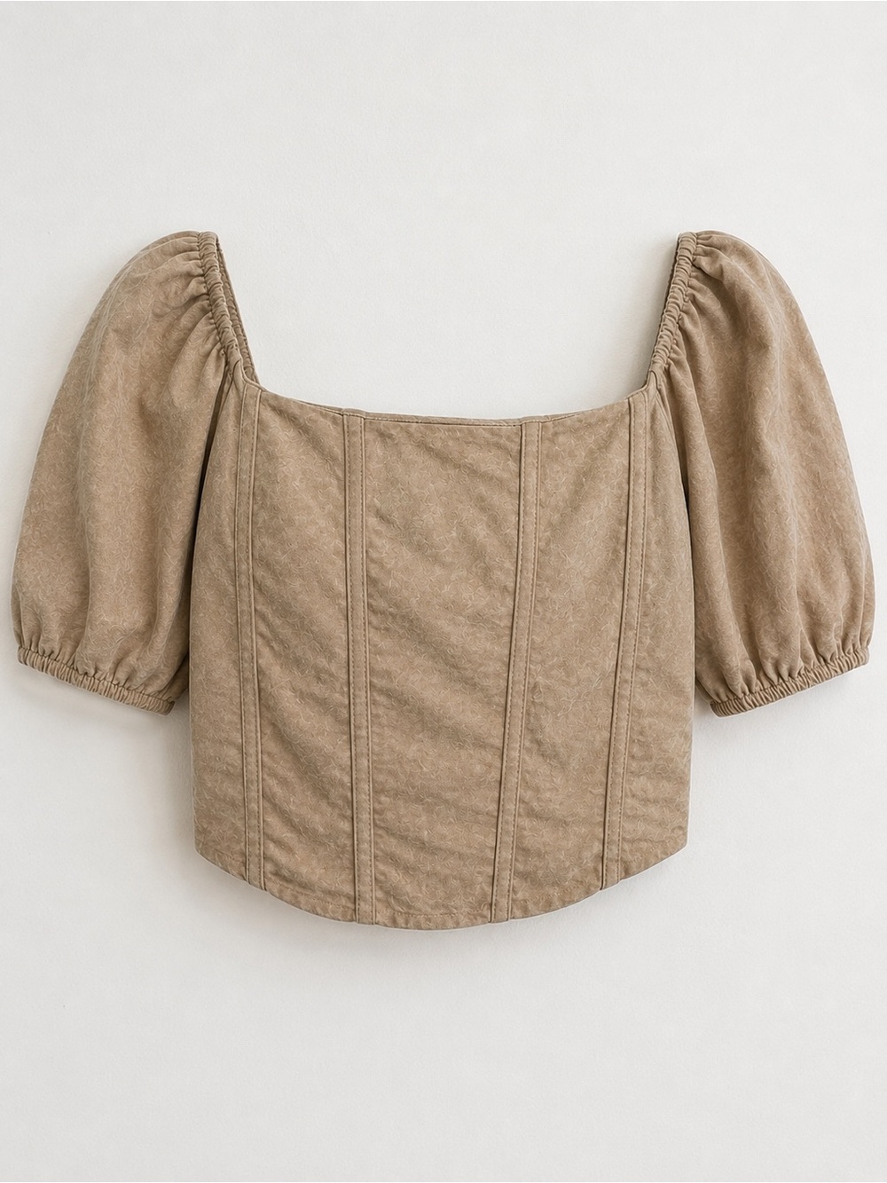 Kirious Los Angeles Taupe Puff Sleeve Smocked Crop Top XL